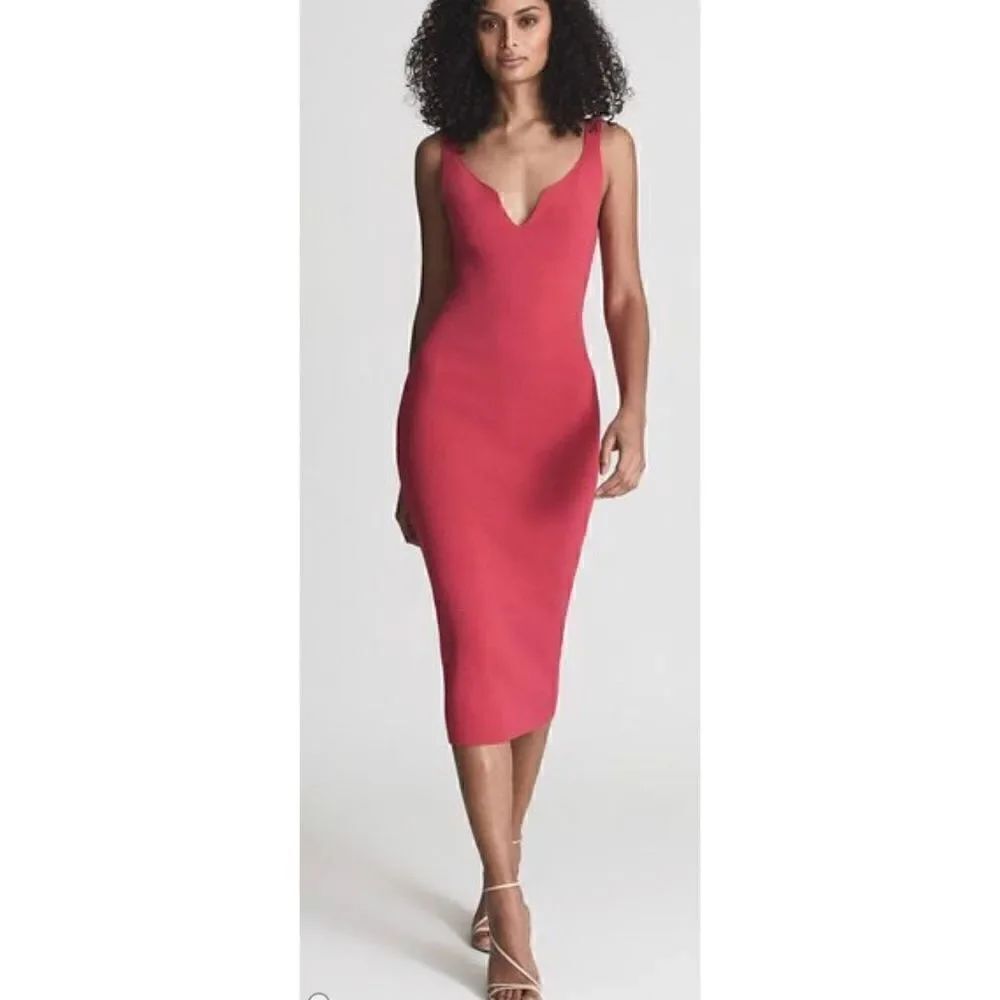Reiss DAKOTA SWEETHEART NECK KNITTED BODYCON Dress in Pink NWT Size Medium